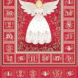May include: Red Advent calendar with a central illustration of an angel with doves and ornate wings. The calendar features 24 numbered squares in gold, with the word "ADVENT CALENDAR" at the top.