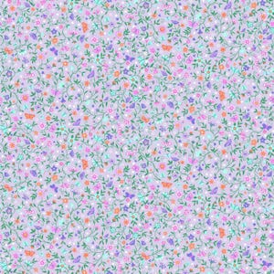May include: A light purple fabric featuring a dense, repeating pattern of thin green vines, small pink, blue, and orange flowers, and tiny butterflies scattered throughout. The design is uniform and covers the entire surface of the material.