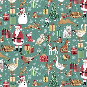 May include: A sage green fabric featuring a repeating Christmas pattern of Santa Claus, snowmen, reindeer, owls, foxes, geese, cats, and birds, interspersed with decorated gift boxes, Christmas trees, stockings, and white snowflakes.