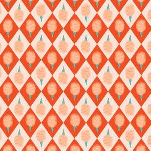May include: A repeating pattern of orange and cream-colored diamonds. Each diamond contains a cotton candy illustration with a blue and green cone. The cotton candy is peach-colored.