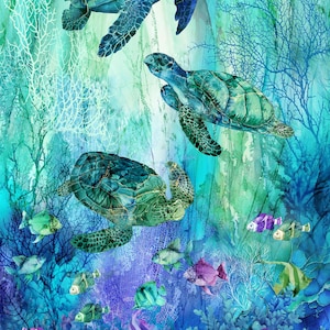 May include: An underwater scene featuring three sea turtles swimming amidst coral and colorful fish. The turtles have green and blue shells, and the fish are various colors. The background is a mix of blues and greens.