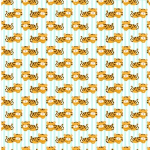 May include: A seamless pattern featuring a repeating design of orange and black cartoon tigers sleeping on a light blue and white striped background.