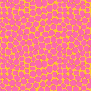 May include: A seamless pattern featuring pink, irregularly shaped circles against a yellow background. The design has a textured appearance, with the pink shapes closely packed together, creating a vibrant and eye-catching visual.