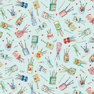 May include: A light blue fabric pattern featuring a repeating illustration of various paintbrushes stored in diverse containers, including floral mugs, vintage-style tins labeled sugar or tea, glass jars, and milk bottles, with small red flower accents.
