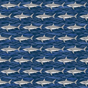 May include: A repeating pattern of gray sharks swimming in a blue ocean. The sharks are depicted with white bellies and fins, set against a background of wavy blue lines. This design is suitable for fabric or wallpaper.