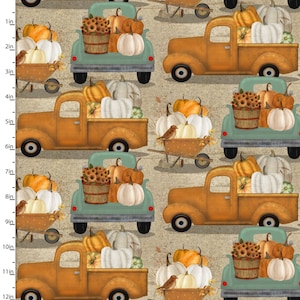 May include: A seamless pattern featuring vintage trucks filled with pumpkins and gourds. The trucks are painted in shades of orange and brown, with teal accents. The pumpkins and gourds are in various shades of orange, white, and yellow. The background is a light beige.