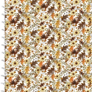 May include: A repeating pattern of autumn leaves, sunflowers, and acorns in shades of brown, orange, and yellow on a white background. The design features detailed watercolor illustrations of fall foliage, creating a seasonal and natural aesthetic.