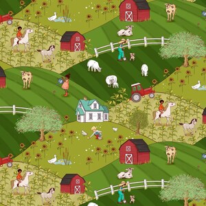 May include: A repeating pattern fabric featuring a farm landscape with red barns, green rolling hills, sunflowers, and cornfields. The scene includes illustrations of people riding horses, tending to sheep, and watering plants near small ponds.