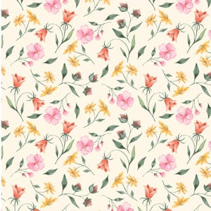 May include: A repeating pattern on a cream background featuring watercolor illustrations of pink five-petaled flowers, orange bell-shaped blossoms, and small yellow flowers with green stems and pointed leaves distributed across the surface.