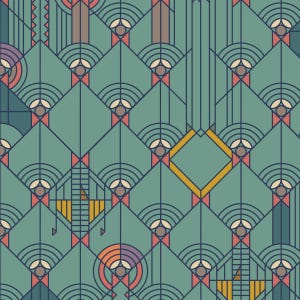 May include: Geometric pattern in shades of teal, brown, and gold. The design features repeating diamond and fan shapes with circular and linear elements. The overall aesthetic is reminiscent of Art Deco or mid-century modern design.