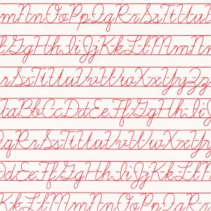 May include: A white background featuring repeating rows of red cursive alphabet letters printed on horizontal lines. The script displays both uppercase and lowercase letters in a continuous flowing style, covering the entire surface of the image.