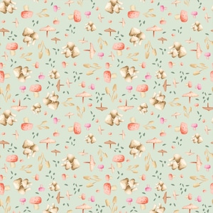 May include: A repeating pattern on a light sage green background featuring watercolor illustrations of various mushrooms in shades of tan, brown, and soft pink, interspersed with small dark green leaf shapes throughout the design.