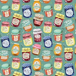 May include: A repeating pattern on a teal background featuring various glass jars of preserves, honey, and curd. The jars have colorful lids and labels with text including Blueberry Jam, Lemon Curd, Peach Jam, and Wildflower Honey, with small bees.