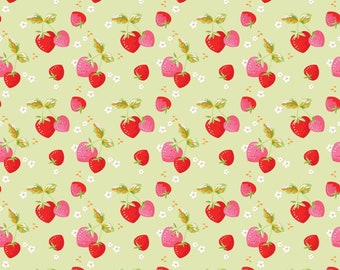 Picnic Florals - Strawberries Green by My Mind's Eye for Riley Blake - 100% Cotton by the 1/2 yd