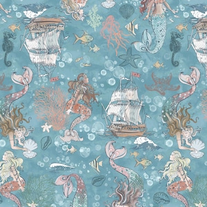 May include: A repeating pattern on a blue background featuring illustrations of mermaids with long hair and scaled tails, sailing ships with white sails, various fish, seahorses, starfish, coral, seashells, and bubbles throughout the design.
