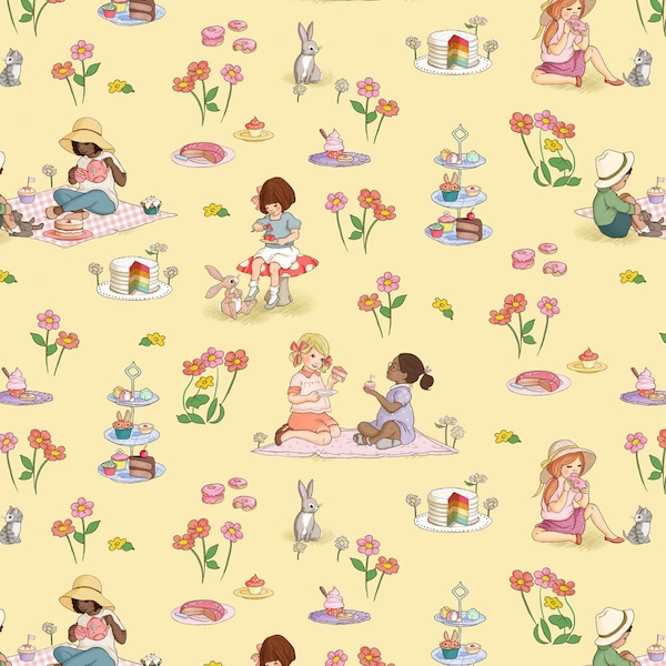 Yummy Scrummy Day - Yellow Tea Party Scenic by Belle & Boo for Michael Miller - Cotton by the 1/2 yard