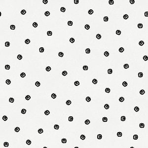 May include: A white fabric or paper surface featuring a repeating pattern of small, black, hand-drawn style jack-o'-lanterns. Each pumpkin icon is scattered across the background in a random orientation, displaying simple carved facial features.