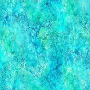 May include: A fabric pattern featuring a dense, overlapping design of intricate, branching coral silhouettes in shades of white and light blue, set against a vibrant, watercolor-style background of blended turquoise, teal, and aqua blue tones.
