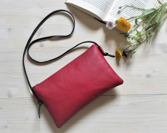 Red Leather Small Shoulder Bag: Minimalist Zipper Purse with Black Strap