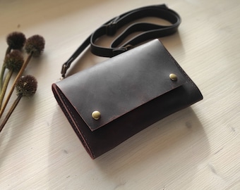 Thick Dark Brown Leather Crossbody Clutch Bag: Rustic Minimalist Mini Purse