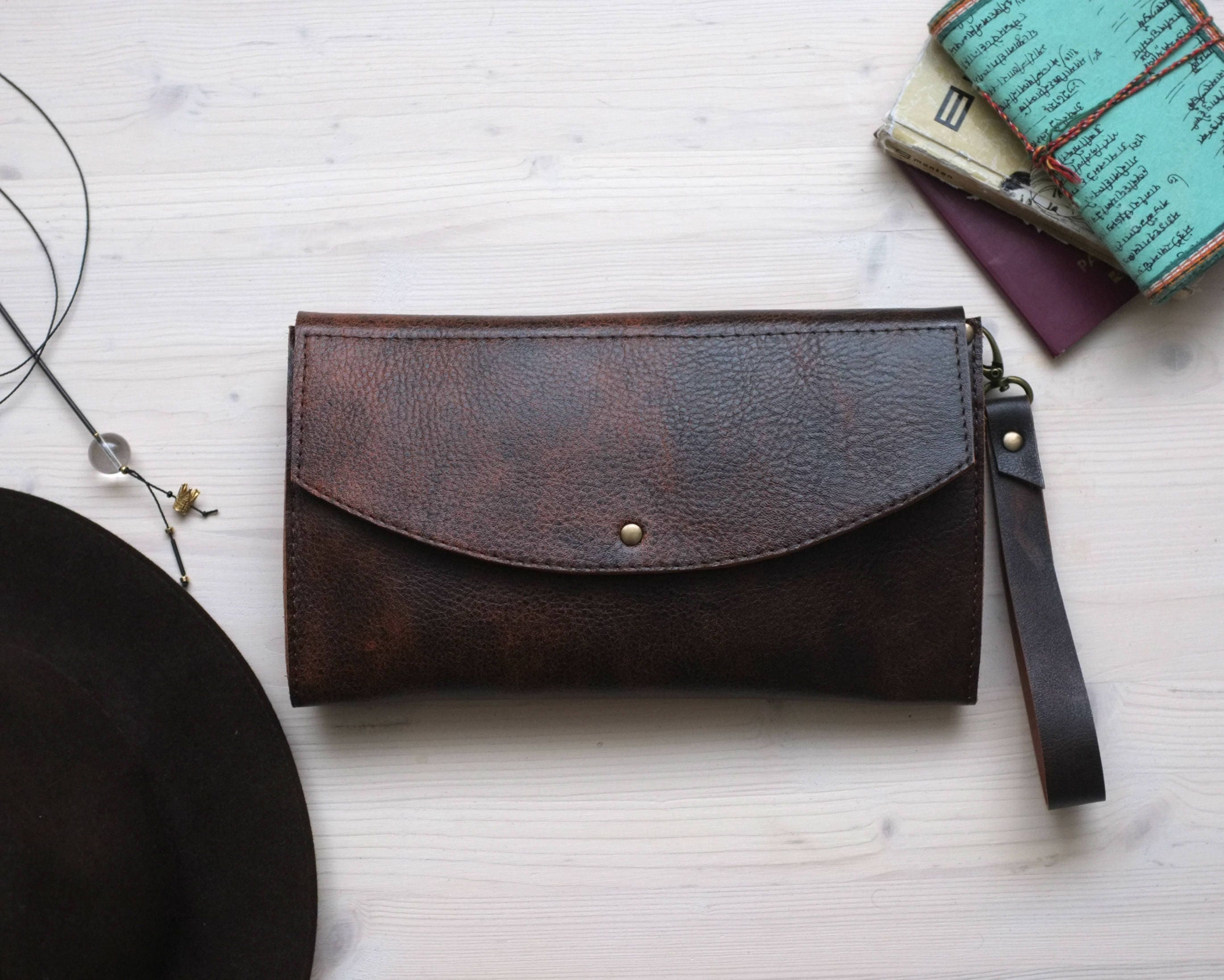 Brown Leather Clutch Leather Wristlet Leather Evening Bag Etsy