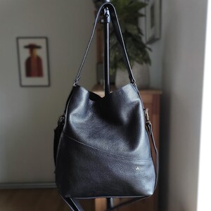 Oversized Black Leather Hobo Bag for Women - in a room