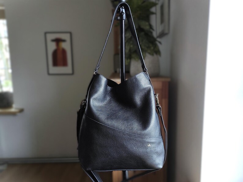 Oversized Black Leather Hobo Bag for Women - in a room