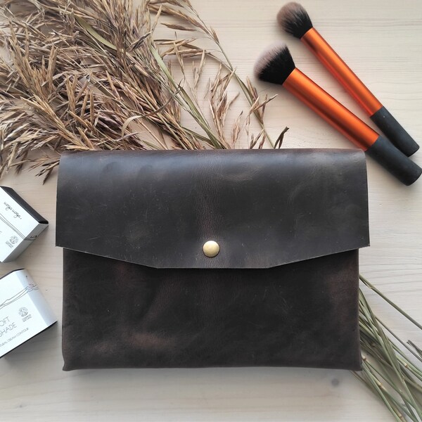 Thick Leather Cosmetic Bag Medium Size, Dark Brown Toiletry Bag Unisex Gift for Him, Minimalist Clutch Bag Full Grain, Simple Envelope Pouch