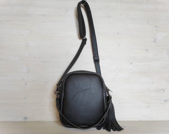 Mini bolso bandolera de piel suave / Bolso bandolera unisex - Bolso bandolera pequeño con cremallera / Bolso micro negro - Mini bolso de viaje / Bolso de pecho