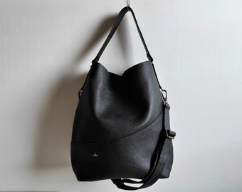 Black Leather Hobo Bag - Big Crossbody Hobo - Oversized Handbag Women - Large Shoulder Purse - Modern Minimalist Classic, Book Work Computer