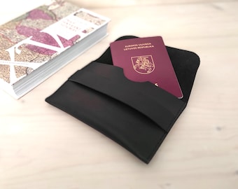 Cartera para pasaporte con sobre de cuero negro / Funda para pasaporte única - Estuche para pasaporte minimalista / Organizador de viaje - Regalo atemporal para viajeros