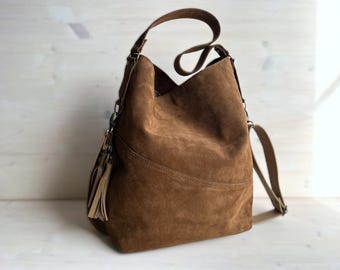 Oversized Hobo Bag in Tan Brown Suede Leather: Soft Crossbody or Shoulder Purse