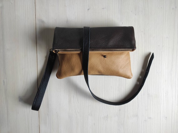 Soft Leather Wristlet Pouch Women Black and Brown Foldover Clutch