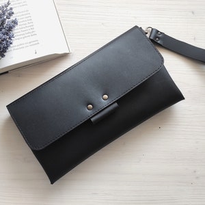 Black Clutch Bag from Thick Leather - Envelope Wristlet Bag / Hand Made Women's Clutch - Large Wristlet Purse Women -  Timeless Gift for Her