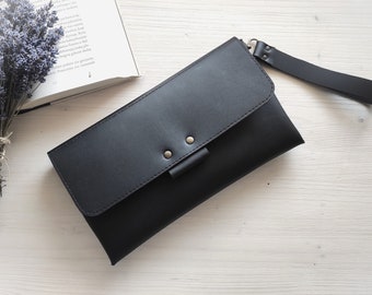 Black Clutch Bag from Thick Leather - Envelope Wristlet Bag / Hand Made Women's Clutch - Large Wristlet Purse Women -  Timeless Gift for Her