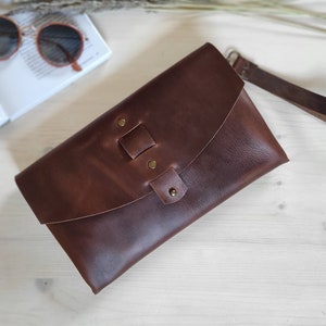 Tan Brown Leather Clutch Bag for Women / Large Wristlet Bag from Rusted Vintage Like Leather - Rustic Clutch / Oversized Envelope Wallet Bag