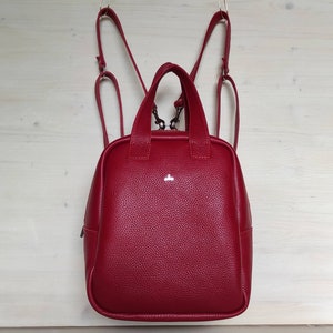 May include: A deep red, textured leather backpack with a top handle and adjustable straps. The bag features a small, silver emblem on the front and a zippered side pocket. The bag's dimensions are approximately 10 inches in height and 9 inches in width.