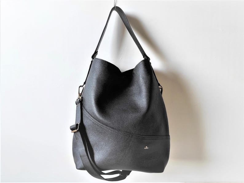 Oversized Black Leather Hobo Bag for Women - bag with different details 1