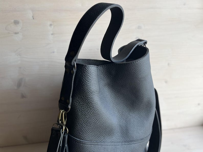Oversized Black Leather Hobo Bag: top of the bag