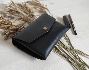 Thick Black Leather Makeup Bag: Mini Cosmetic Pouch