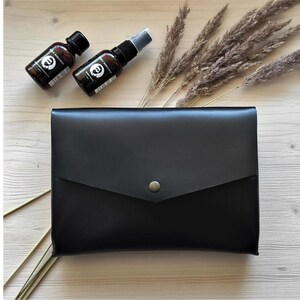 Neceser minimalista de piel gruesa / Idea de regalo unisex - Organizador de cosméticos para cartera / Neceser de piel negra para maquillaje / Bolso de mano pequeño