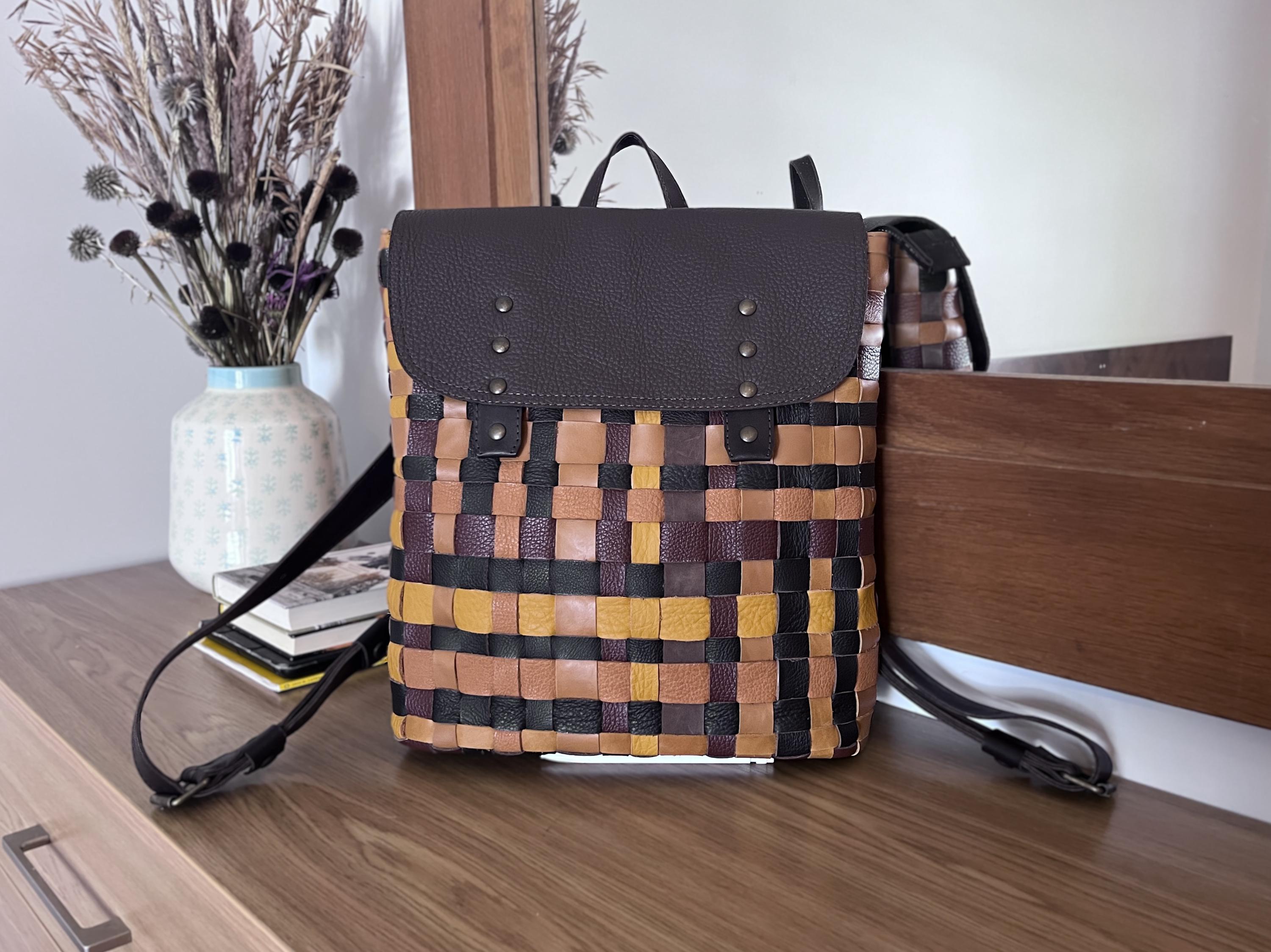 Woven Leather Backpack Bag in Brown and Yellow Shades 