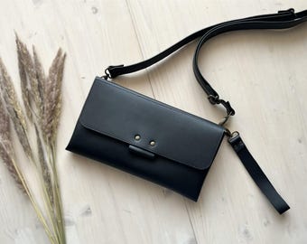 Handmade Black Leather Clutch Bag with Crossbody Strap: a Minimalist Wristlet or Shoulder Purse