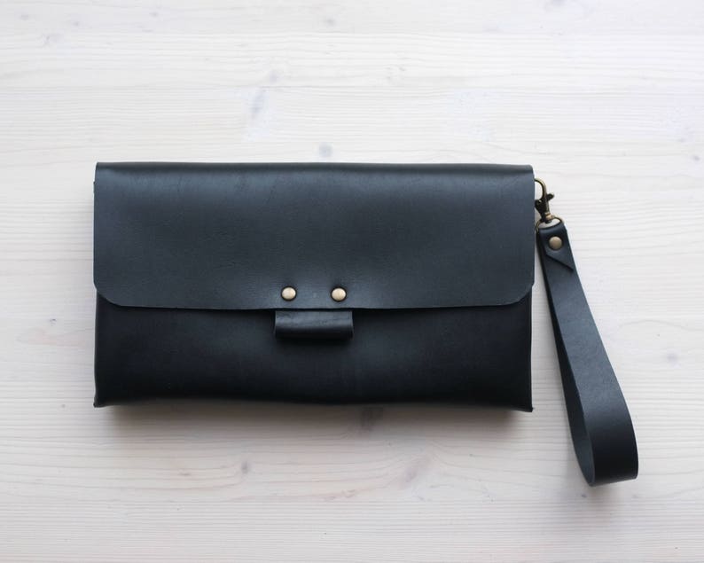 Black leather clutch Black clutch Envelope clutch Wristlet | Etsy