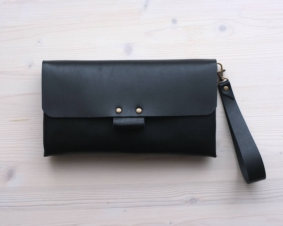 Black leather clutch Black clutch Envelope clutch Wristlet | Etsy