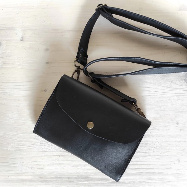 Small Leather Pouch Bag with Crossbody Strap, Black Leather Fanny Pack, Micro Purse, Leather Belt Pouch, Tiny Envelope Clutch, Phone Bag