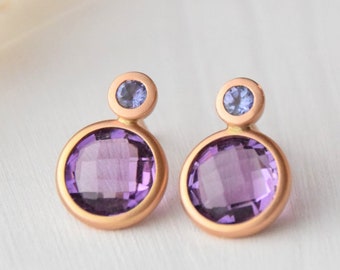 Tansanite + Amethyst stud earrings + 18kt rose gold, gift women, bridal jewelry, purple violet stones, stud earrings, blue stone