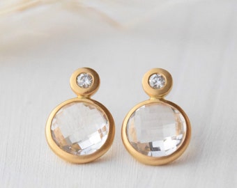 Earrings MOON brilliant and rock crystal + 18kt yellow gold, gift women, bridal jewelry, round stud earrings, diamond jewelery, gold earring