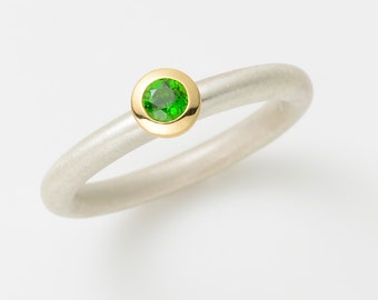 18 kt yellow gold and silver DIOPSID ring, green stone ring, stacking rings, friendship ring, silver and gold ring set, diopside ring