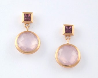 Earrings MOON 18kt rose gold with Rose Quartz and Rhodolite